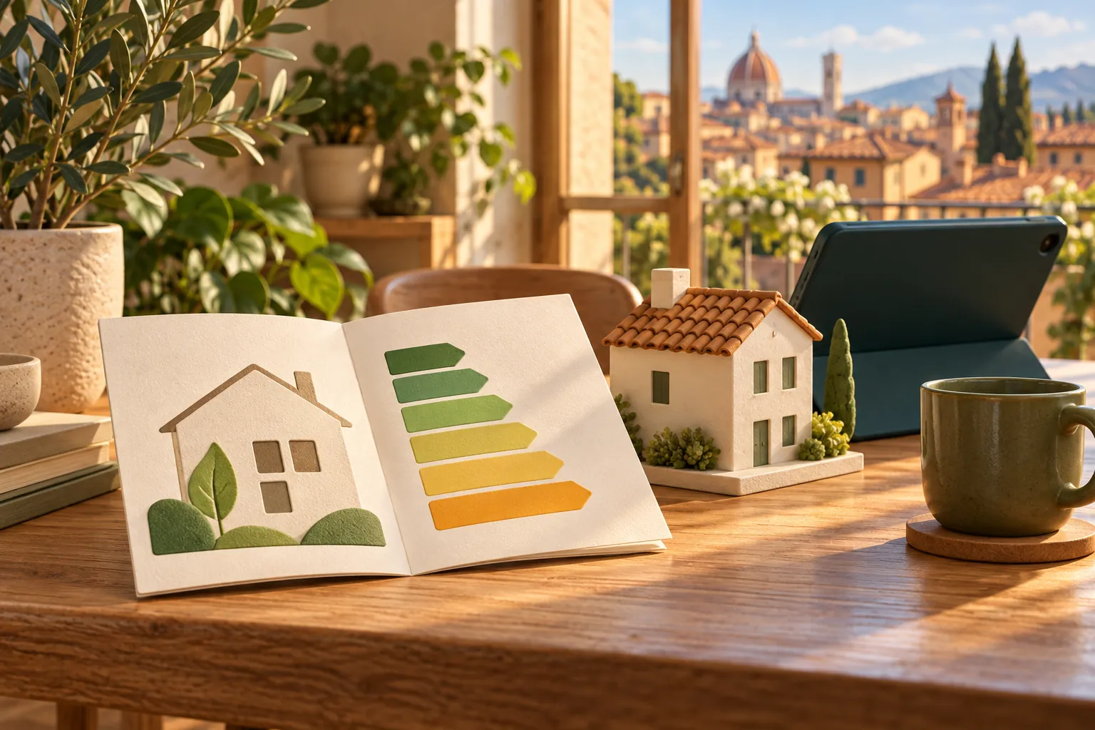 Illustrazione di una guida sull’energia della casa, con un modellino di un immobile e un tablet.